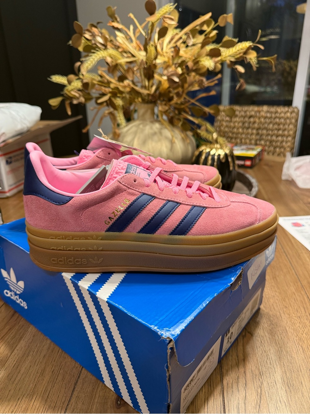 adidas Pink Suede Platform Sneakers with Navy Stripes